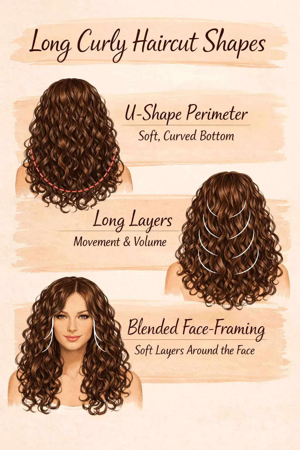 Diagram showing long curly haircut shapes: U-shape perimeter, long layers, and blended face-framing placement