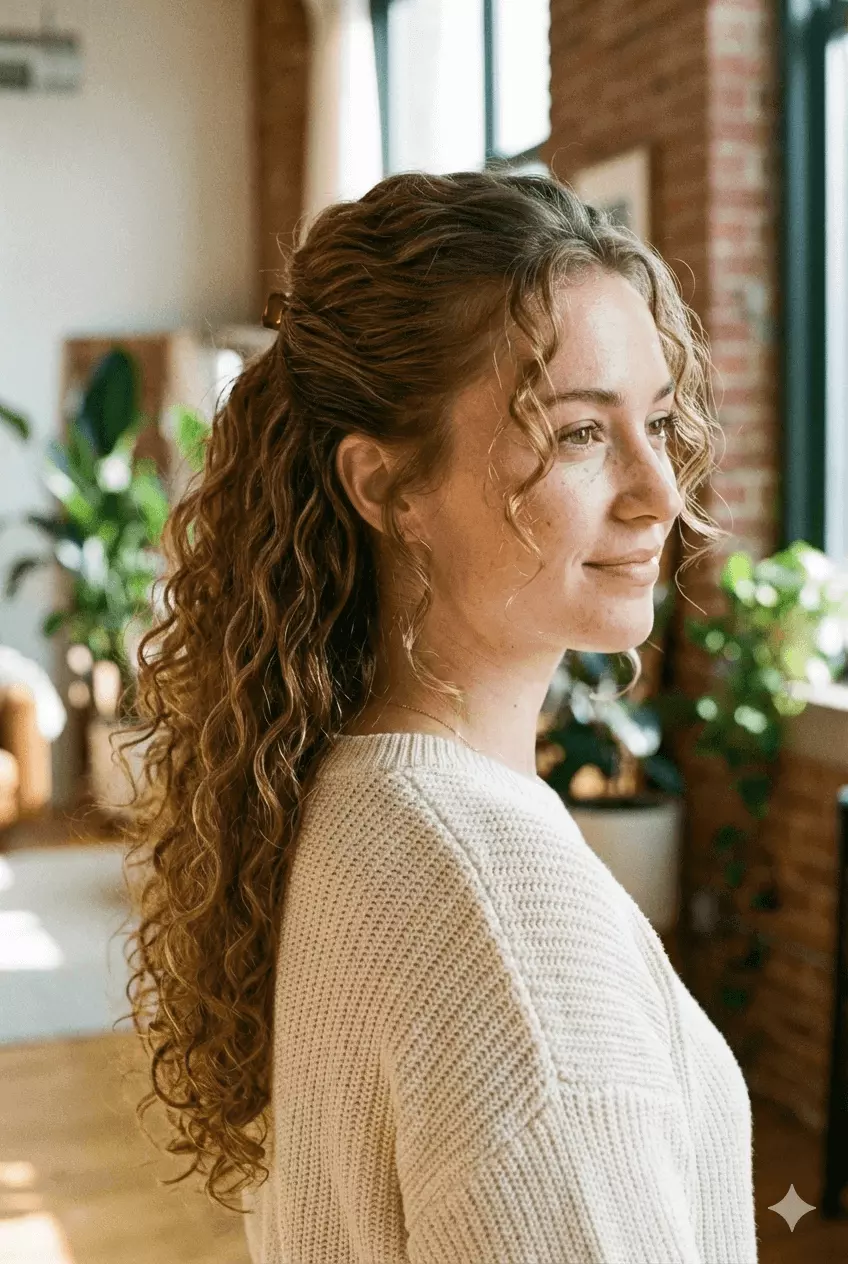 Long curly half-up hairstyle with tidy crown and defined curls flowing down, soft face framing