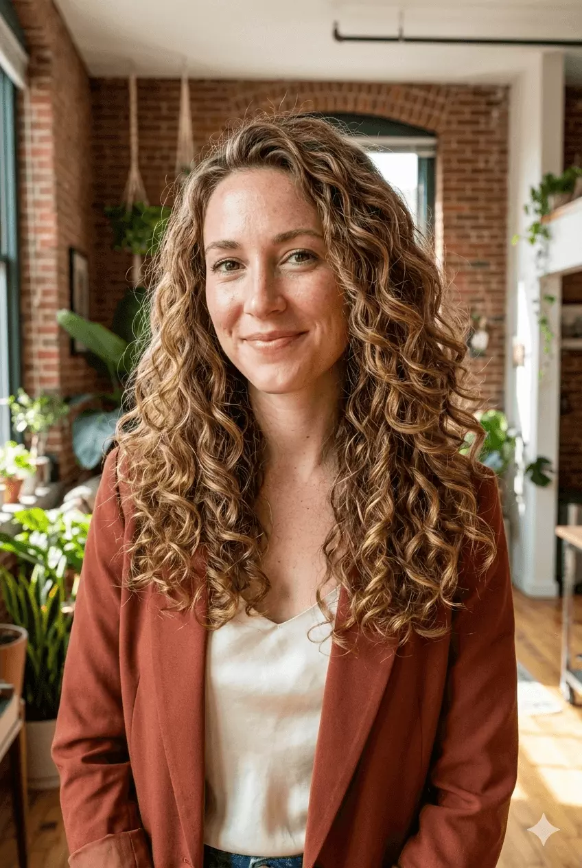 Long layered curly hair with balanced shape, defined spirals, reduced triangle volume, and healthy movement