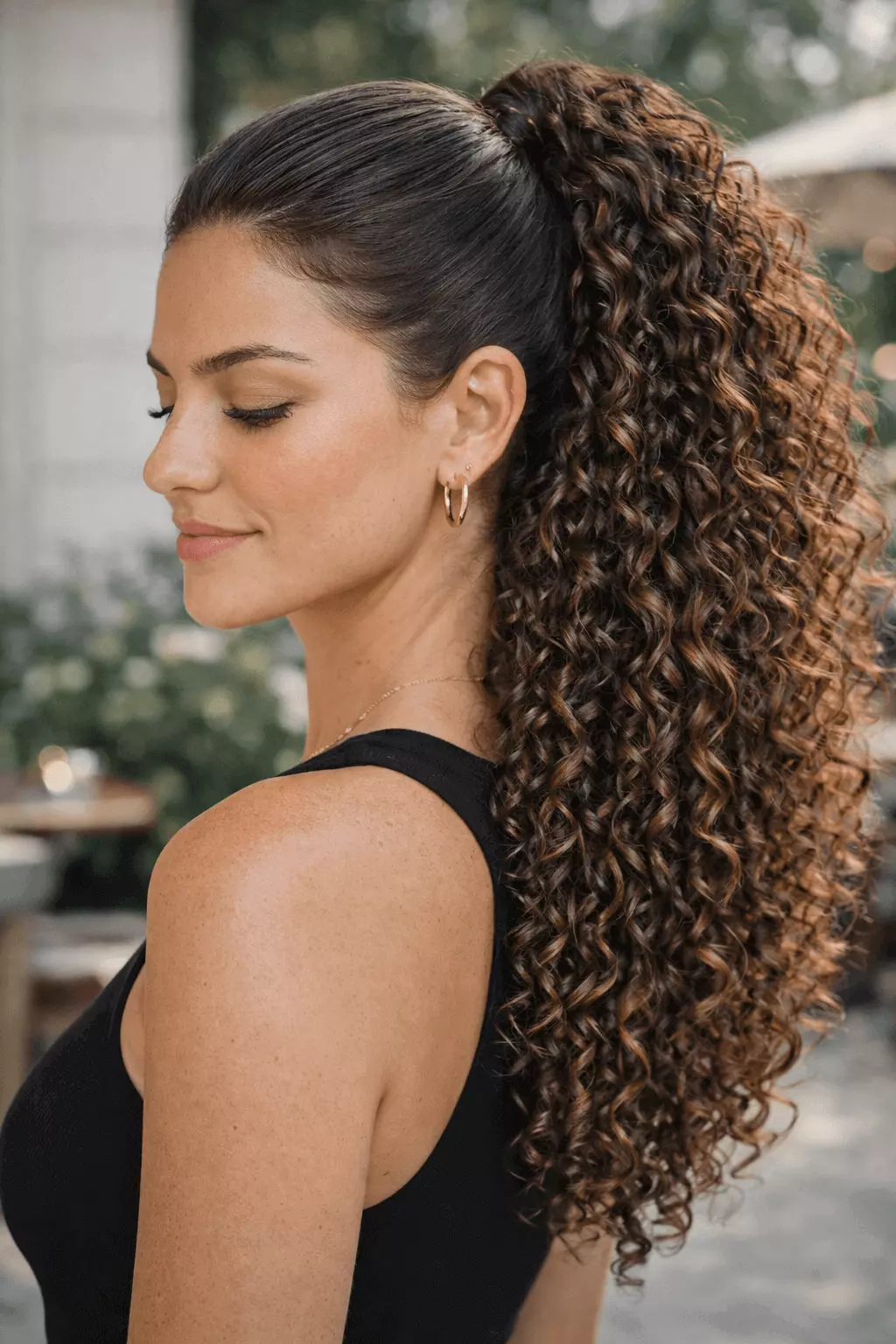 Long curly ponytail with sleek crown and defined curls cascading, hydrated finish and strong curl definition