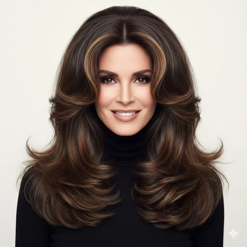 Flipped long front layers à la Cindy Crawford, studio soft light