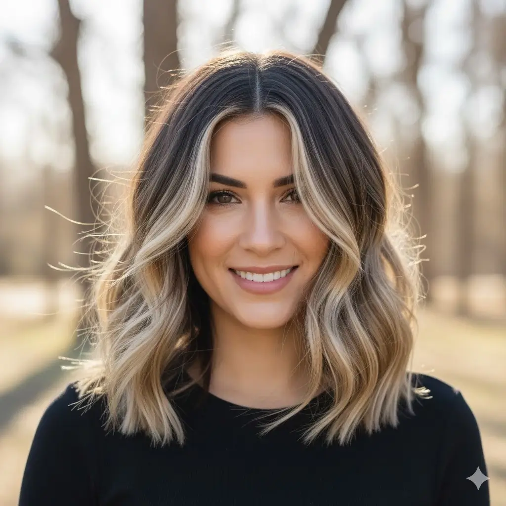 Bright blonde money piece framing face on dark hair, soft wind movement