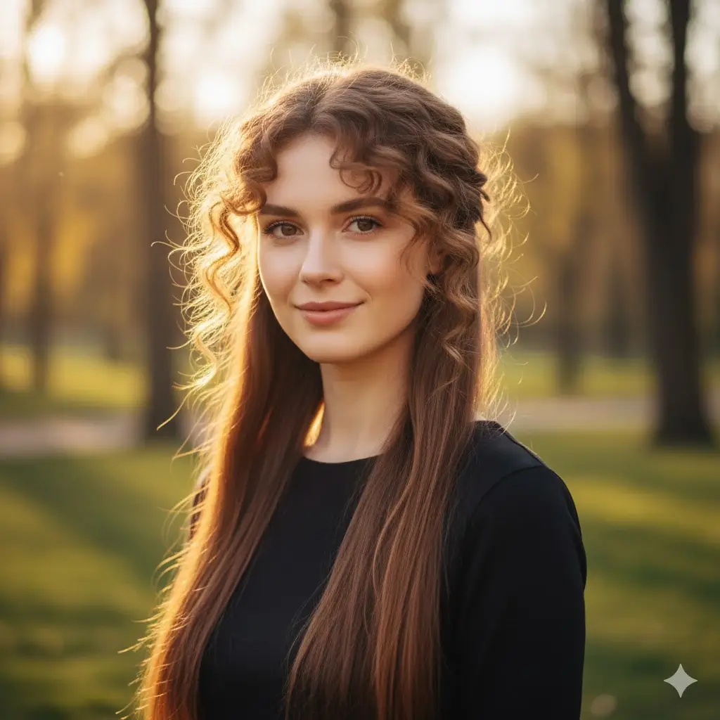 Natural curly front pieces on straight long back, sun-kissed strands