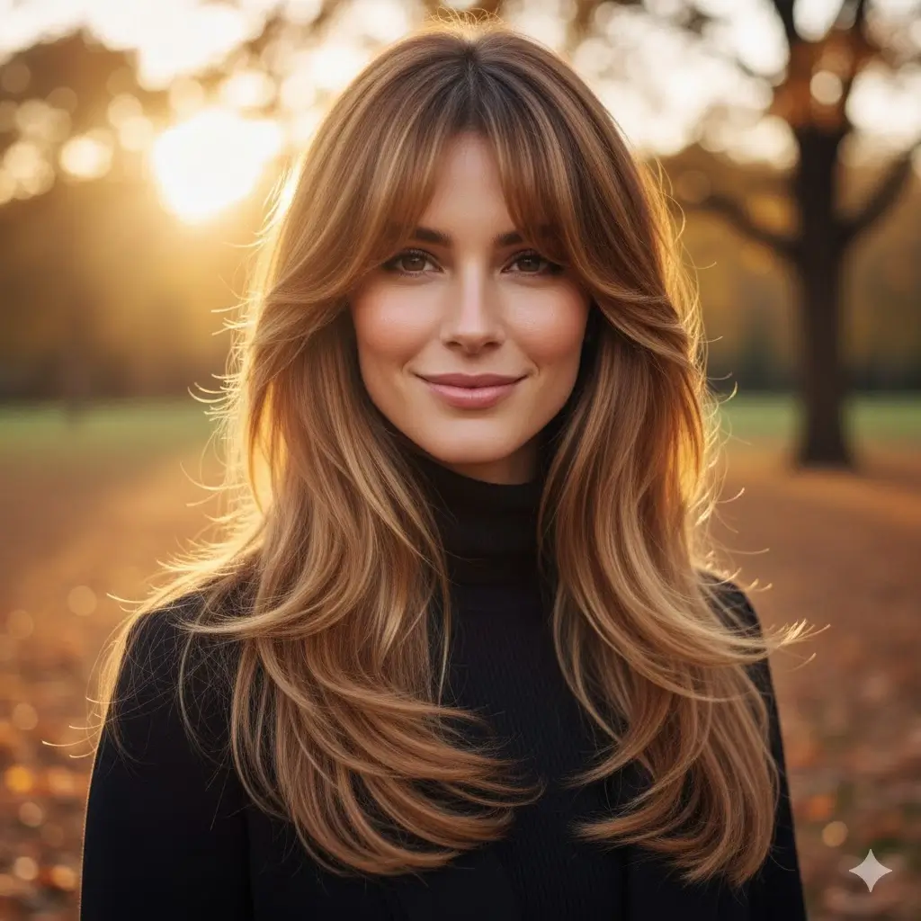 Long curtain bangs seamlessly blending into waist-length layers, golden hour lighting highlighting cheekbones