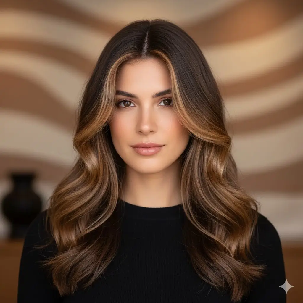 Chunky caramel highlights framing face, subtle waves in background