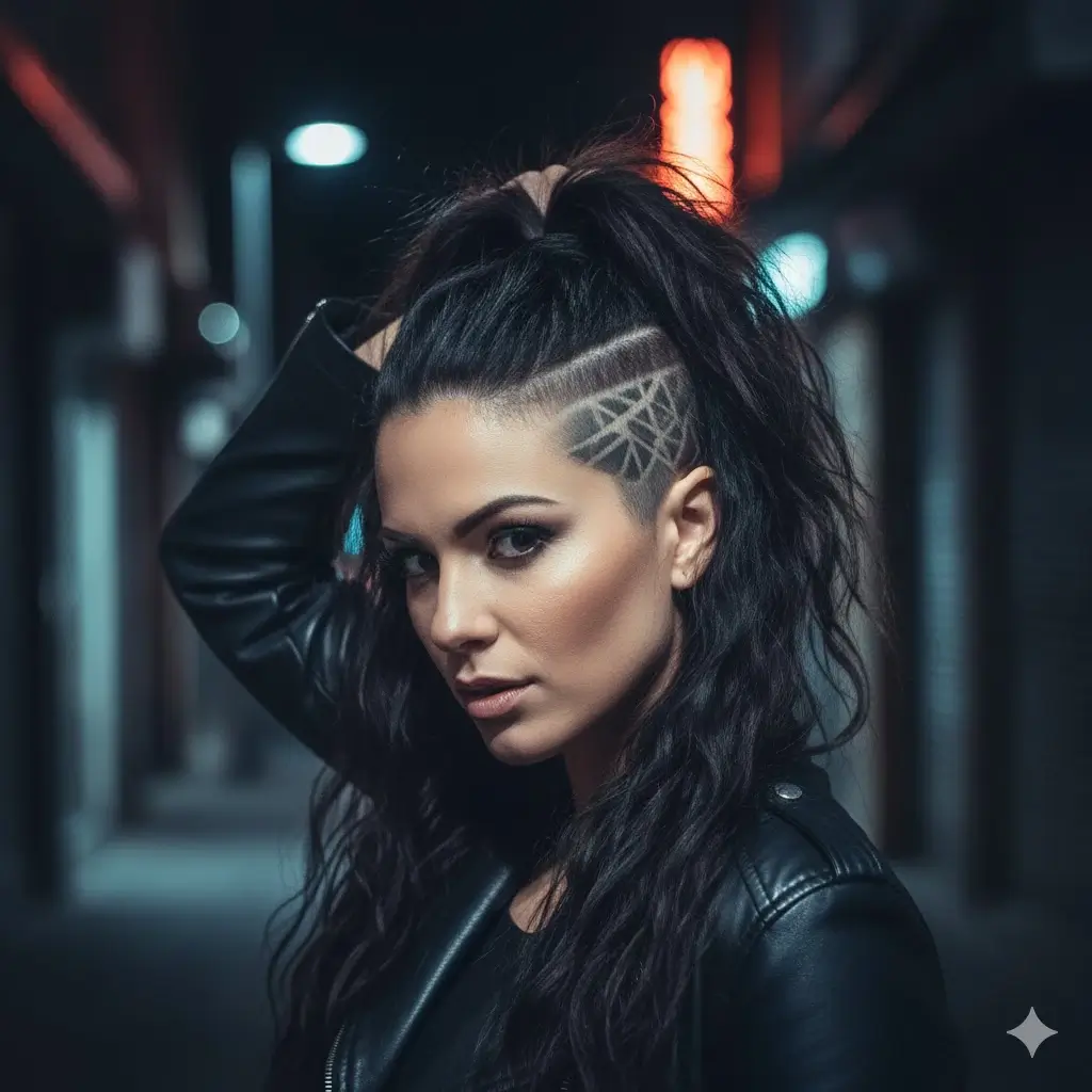 Shaved sides revealed when hair pulled back, dramatic lighting