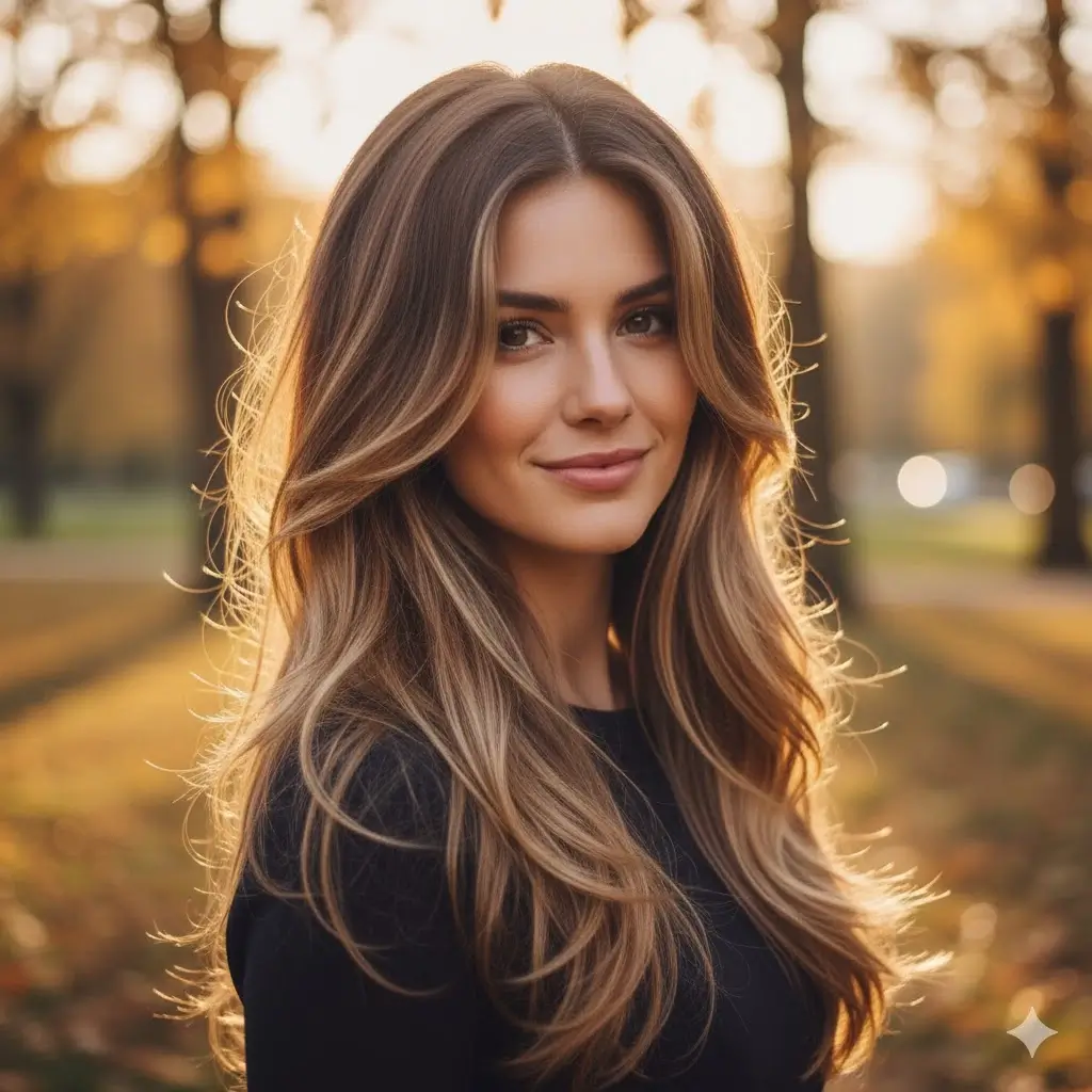 Long swept side pieces, bangs-free, golden hour glow