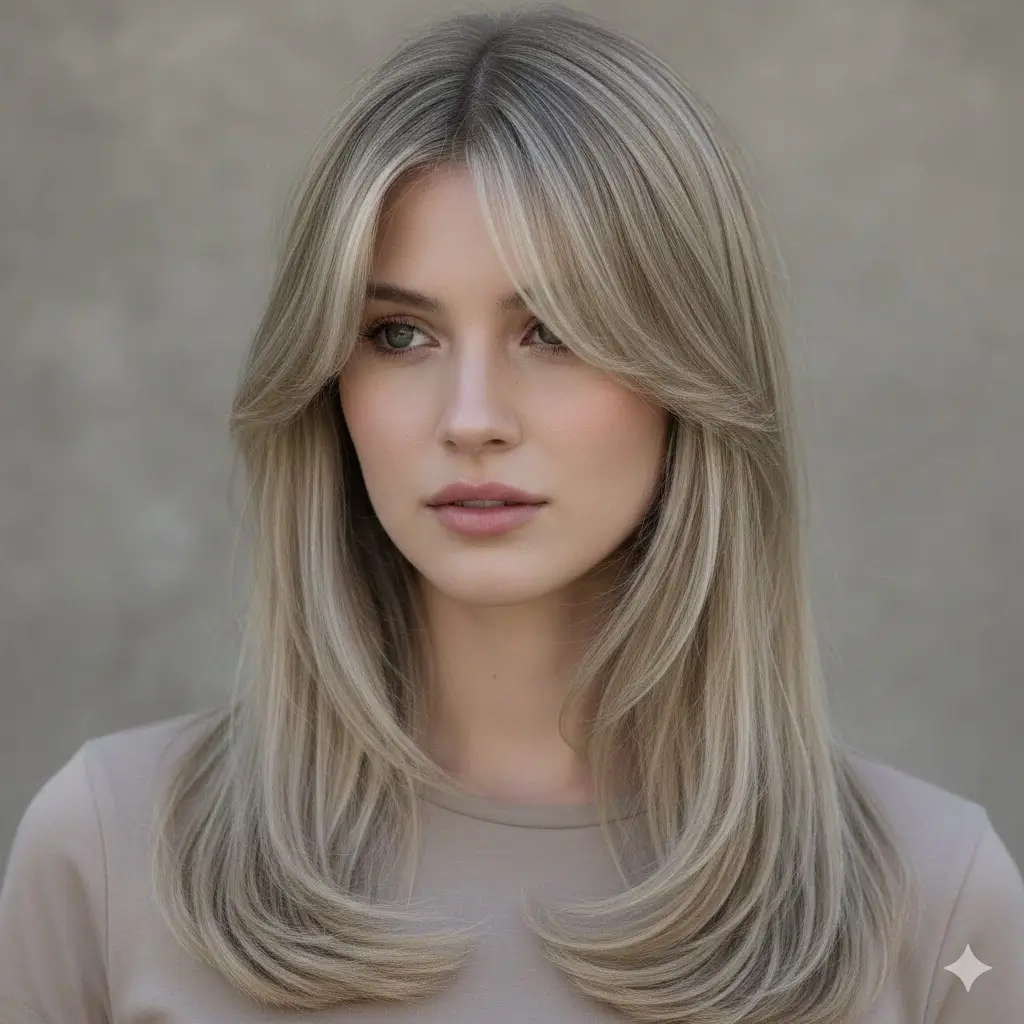 long hair face-framing bangs — wispy bangs and contour layers around the cheeks, soft volume, polished layered ends