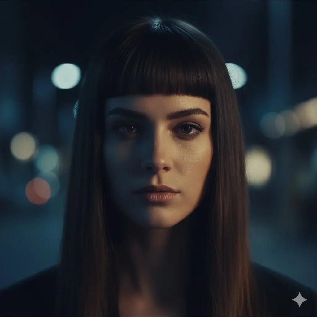 Baby micro bangs with long side pieces, cinematic lighting