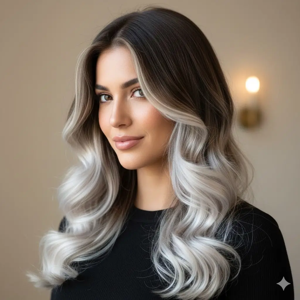 Dark roots fading into platinum front pieces, soft curls
