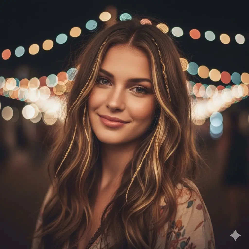 Thin bright ribbon-like front pieces woven into long hair, soft focus festival lighting