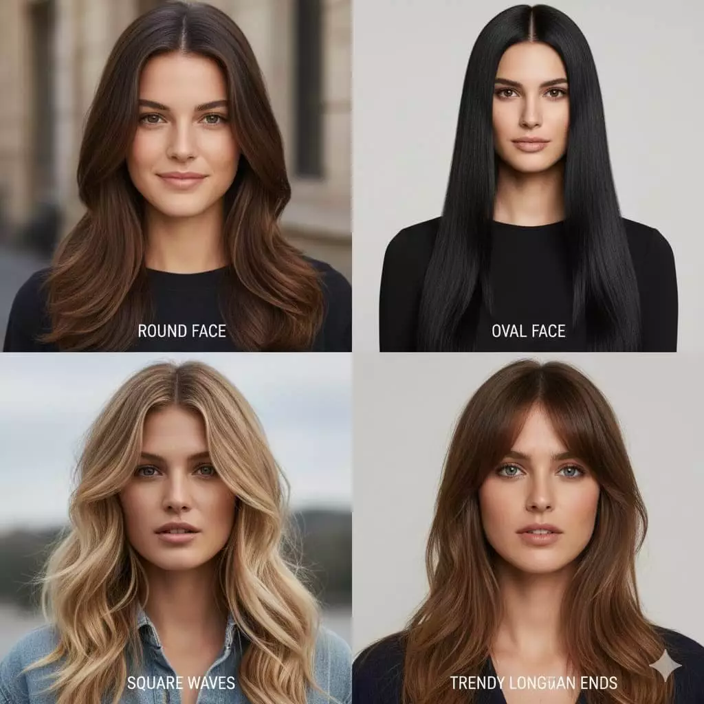 Clean infographic of four face shapes (round, oval, square, heart) with simple icons showing key 2026 long hair recommendations like vertical layers, curtain bangs, and mermaid waves;