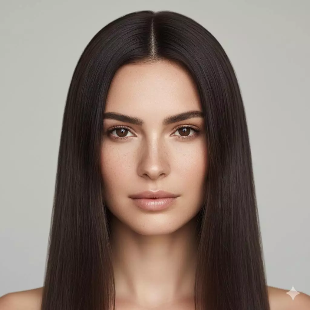 Symmetrical portrait woman with oval face, long pin-straight glossy hair, center part, minimalist high-fashion feel; sharp focus