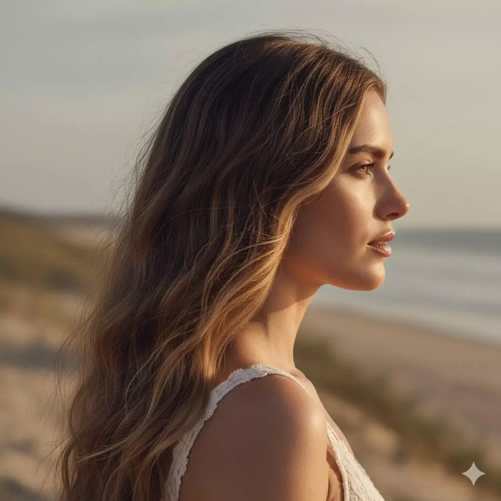 long hair flattering haircut — loose wavy long hair with subtle face-framing layers, soft volume to balance facial features