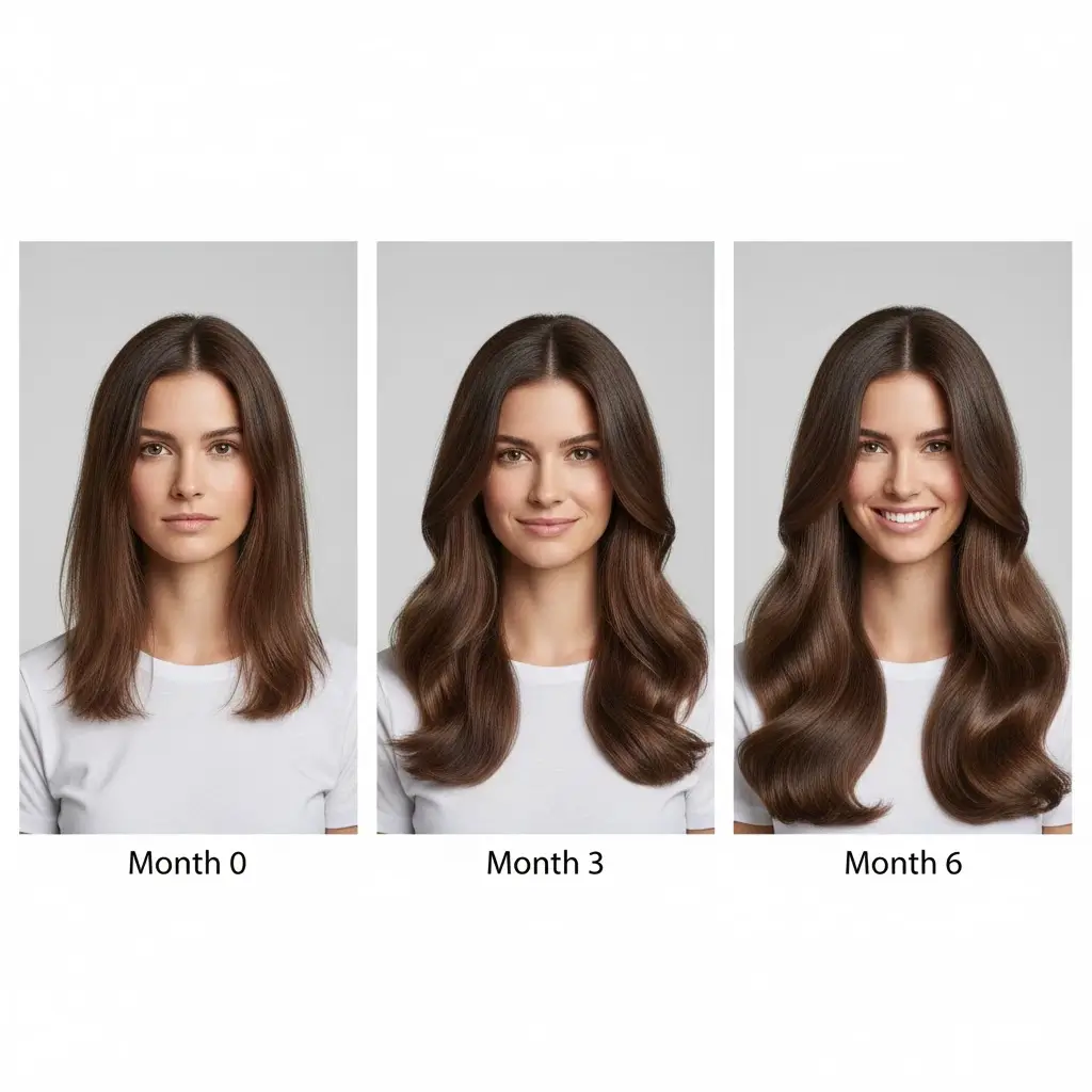 Visible 6-month fast long hair growth transformation showing increased length and thickness