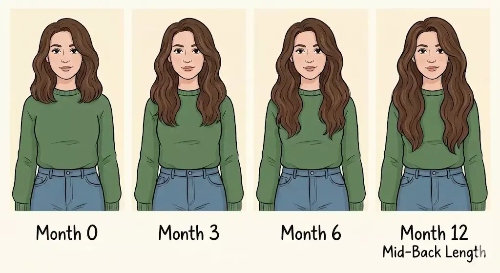 Long hair growth timeline illustration from shoulder to waist length