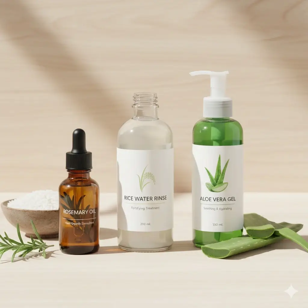 Rosemary oil, rice water, aloe vera for hair growth