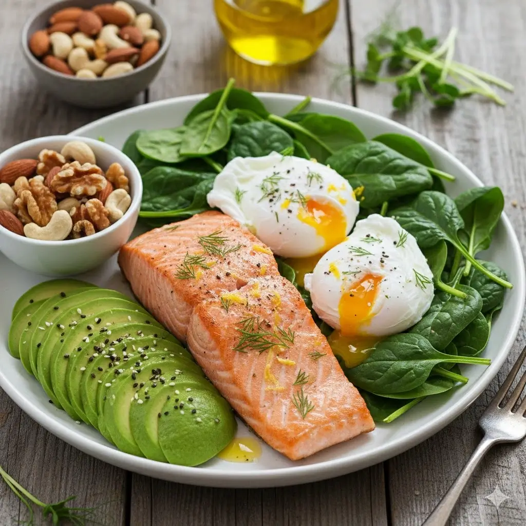 Plate of salmon, eggs, spinach, nuts, avocado