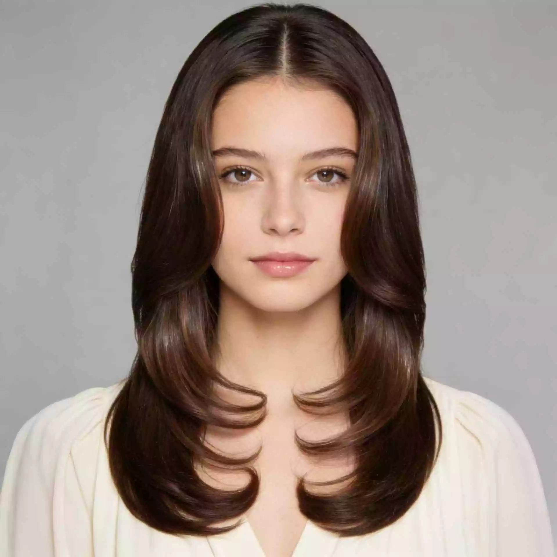 C-shaped long layers — clean face frame with soft bend