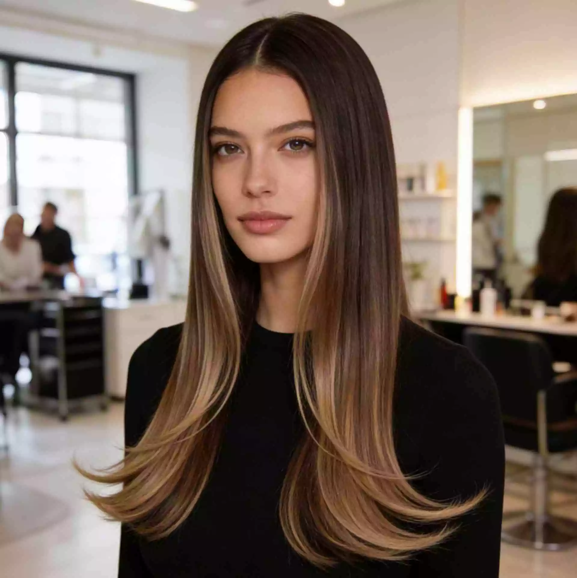 Flipped ends on layered long straight hair — light movement at the perimeter