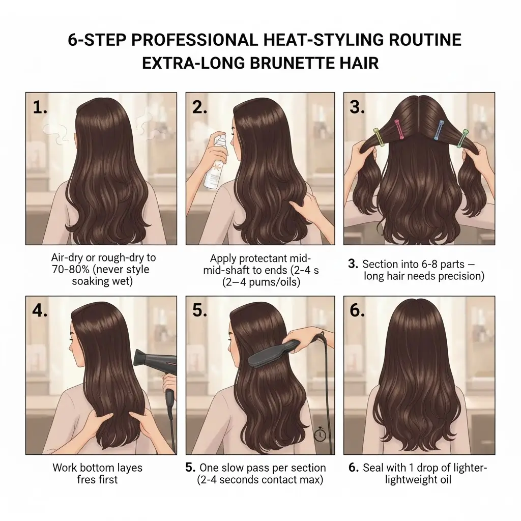 6-step professional heat-styling routine on extra-long brunette hair