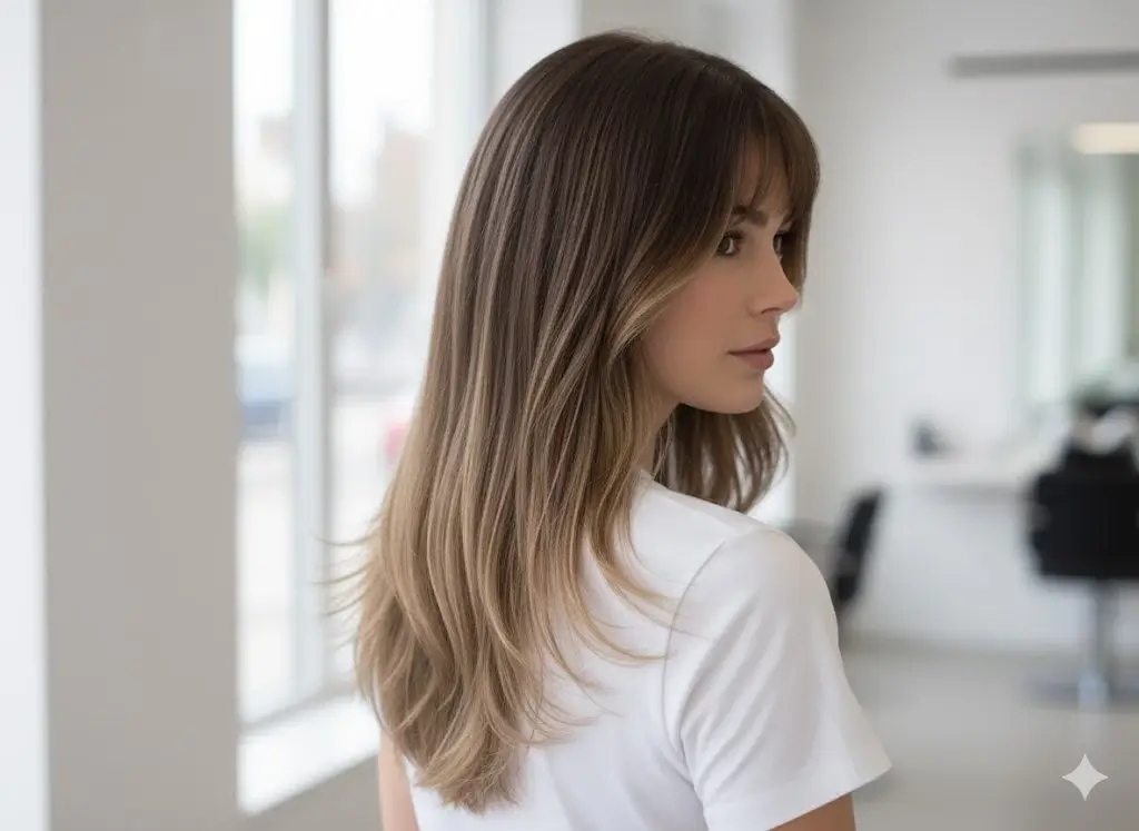 Sharp and dramatic layered V-cut hairstyle, creating a flattering, elongating shape down the back