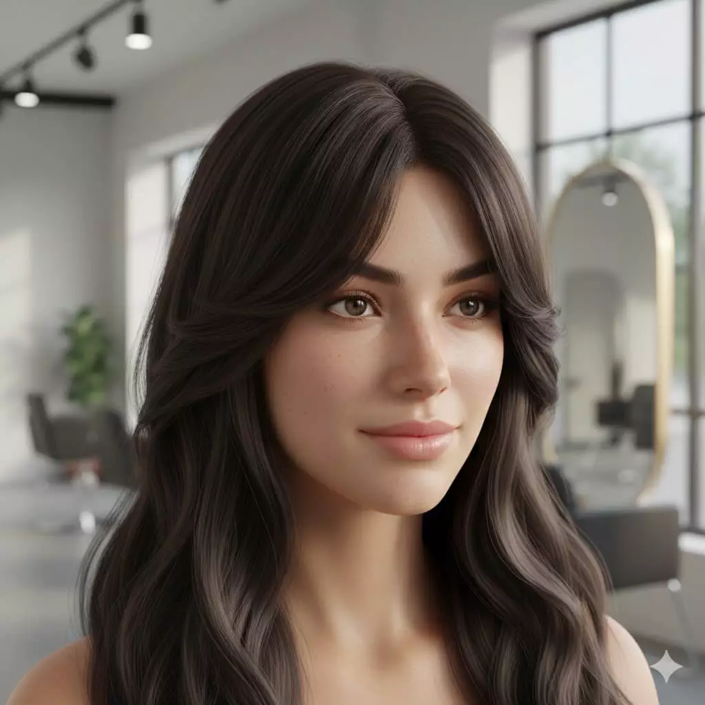 Curved arched long bangs following the brow arch, softening a long layered hairstyle