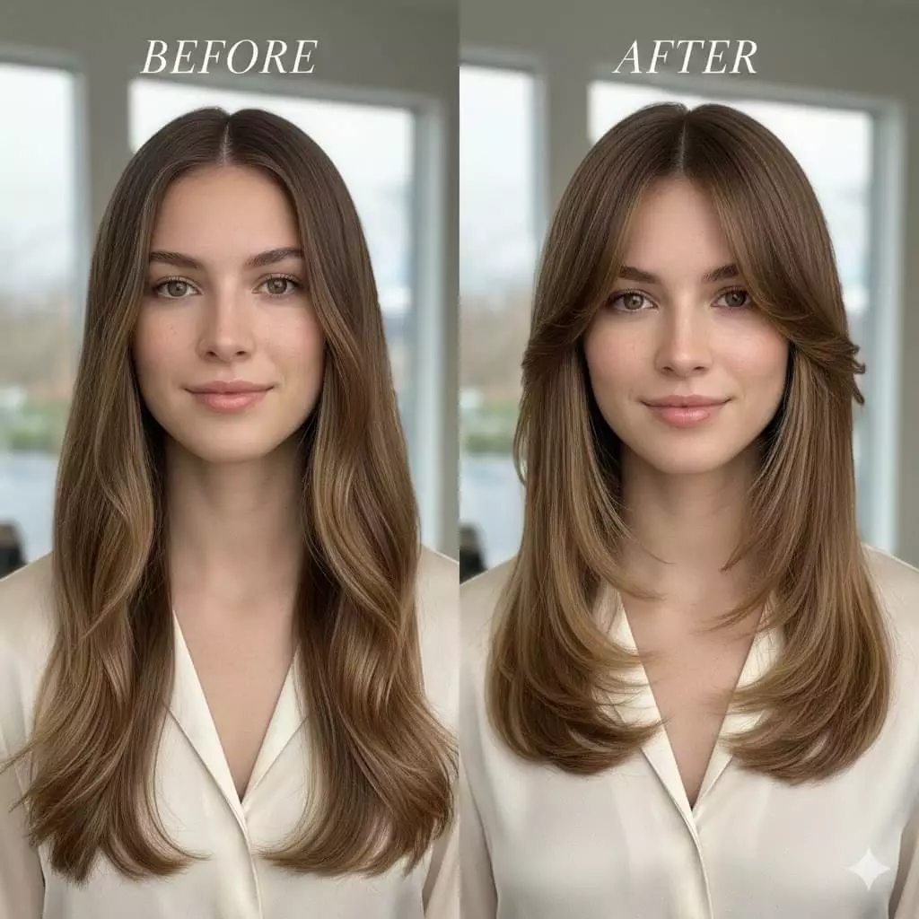 Side-by-side before and after showing plain long hair transformed with added long bangs for enhanced framing and volume