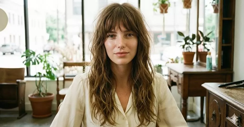 Iconic Birkin-style long bangs with piecey, messy texture on naturally wavy long hair