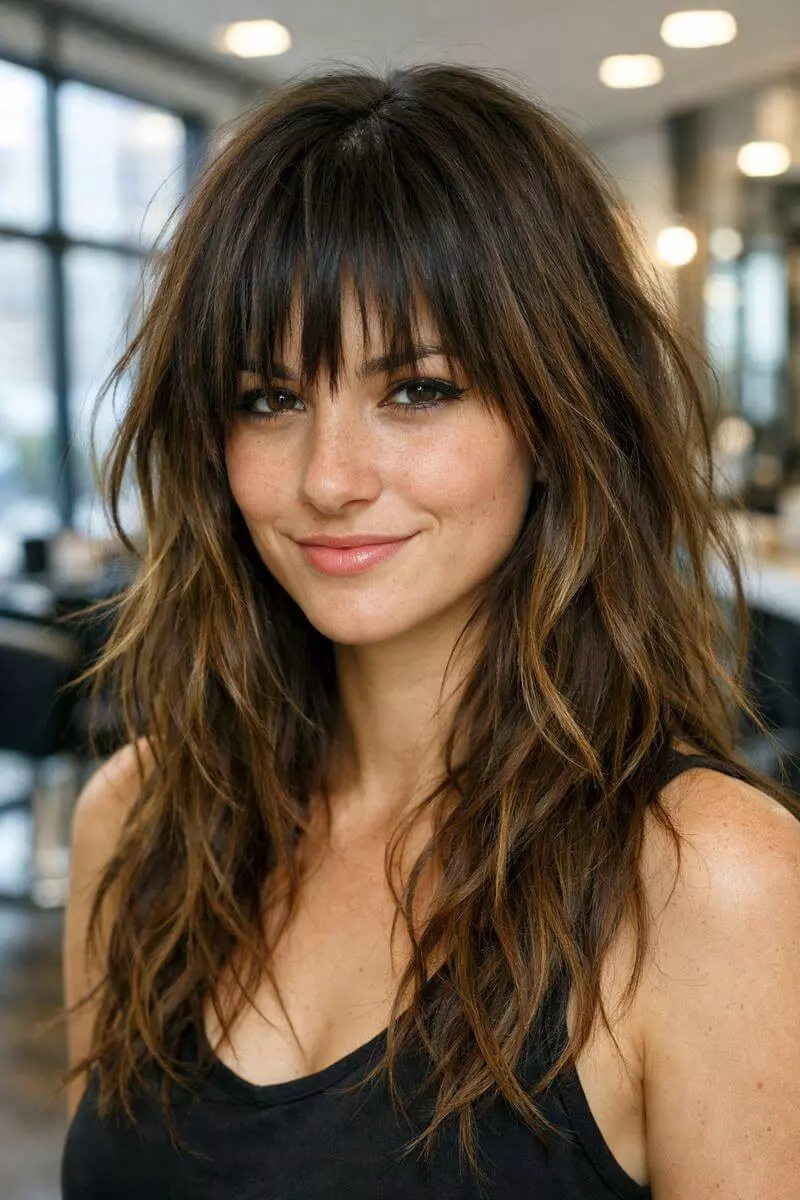 Playful choppy long bangs with uneven ends, giving a rebellious twist to long wavy hair