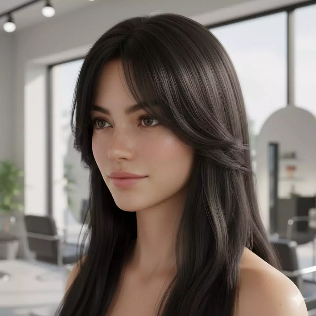 Seamless layered long bangs integrating into face-framing pieces on long, straight hair