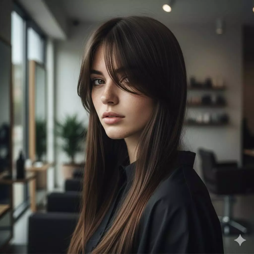 Dramatic side-swept long bangs cascading over one eye, paired with straight long hair for a mysterious vibe
