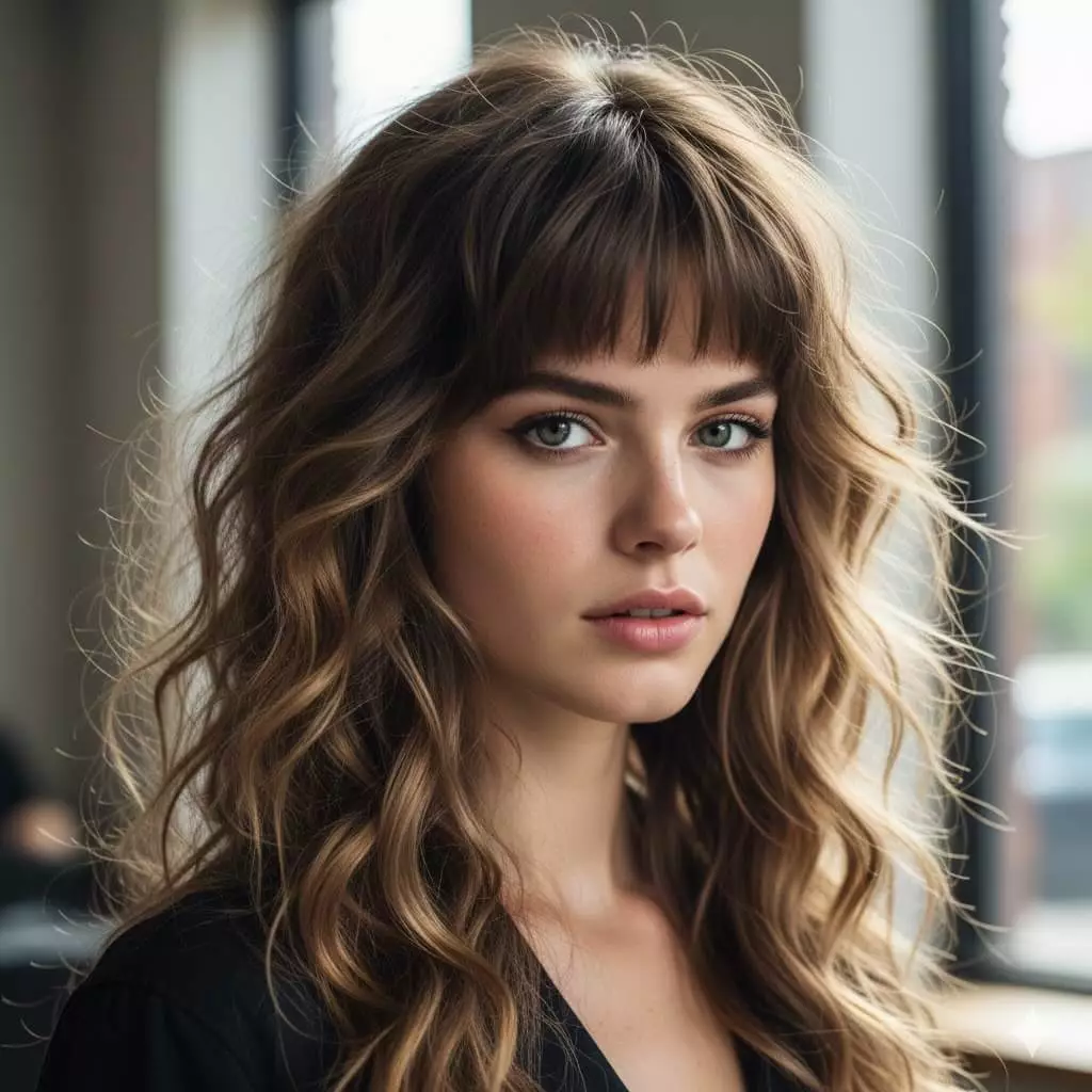 Edgy textured long bangs with razor-cut ends, adding movement to wavy long locks