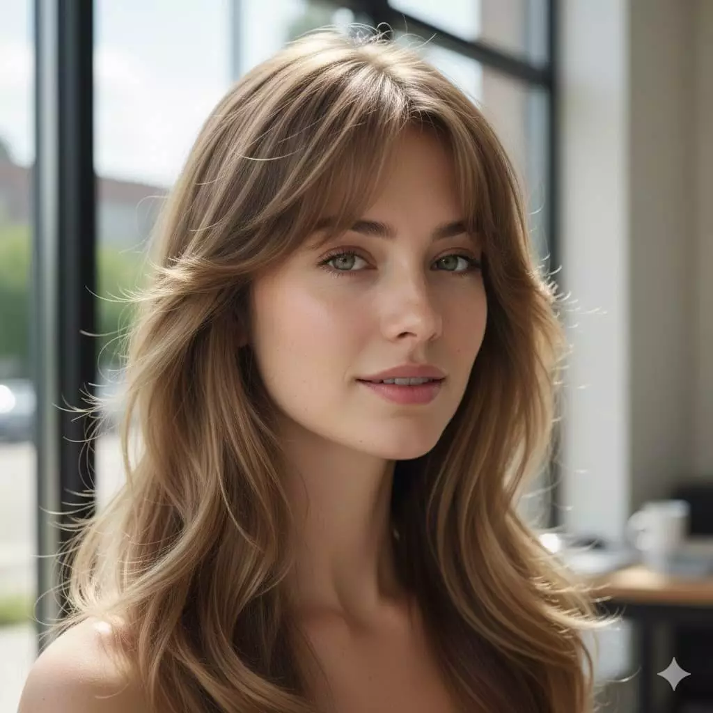 Light wispy long bangs with feathered edges, blending into layered long hair for a breezy, natural look