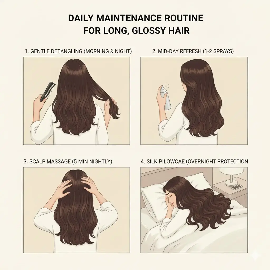 woman with waist-length glossy long hair demonstrating daily maintenance routine