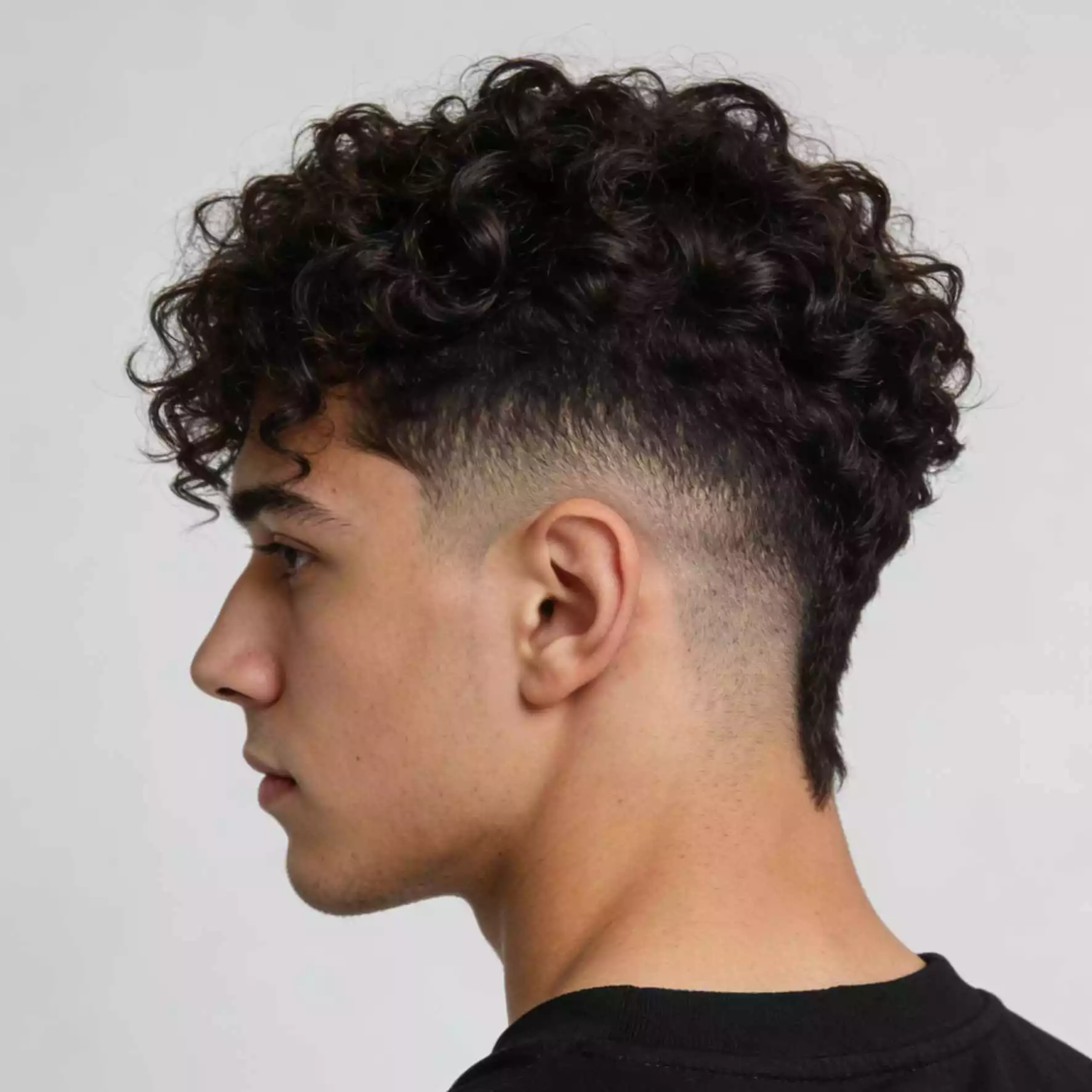 Men’s curly hair — low taper curly top with clean ear and nape outline while growing long curls