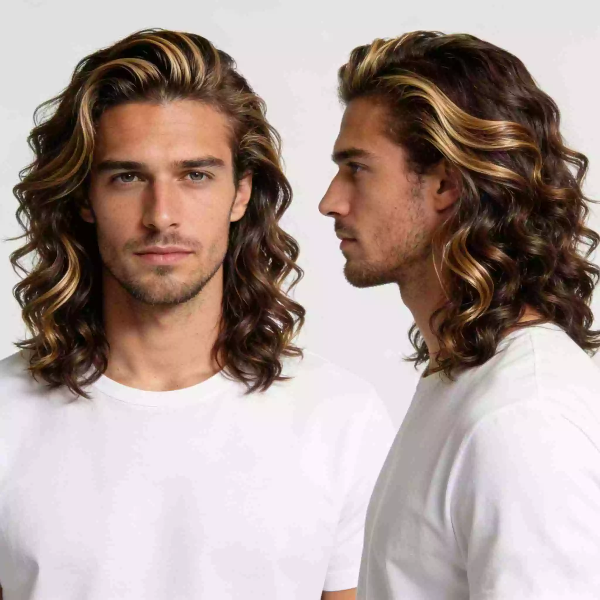 Men’s curly hair — long loose waves with golden blonde highlights and soft flowing layers