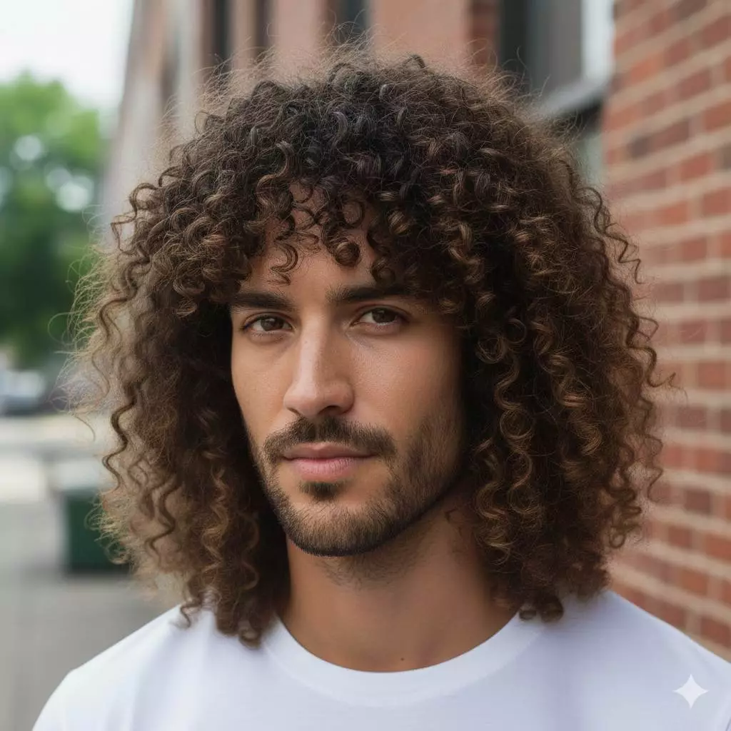Men’s curly hair — curly shag with textured layers and soft fringe