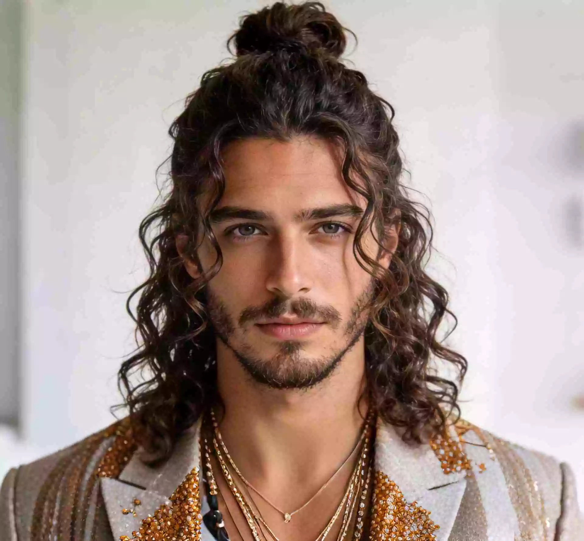 Men’s curly hair — long curls tied into a loose man bun with face framing