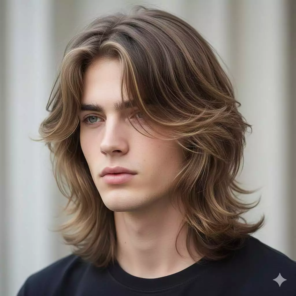 Long layers with curtain bangs for men, offering a soft face-framing look and natural center part