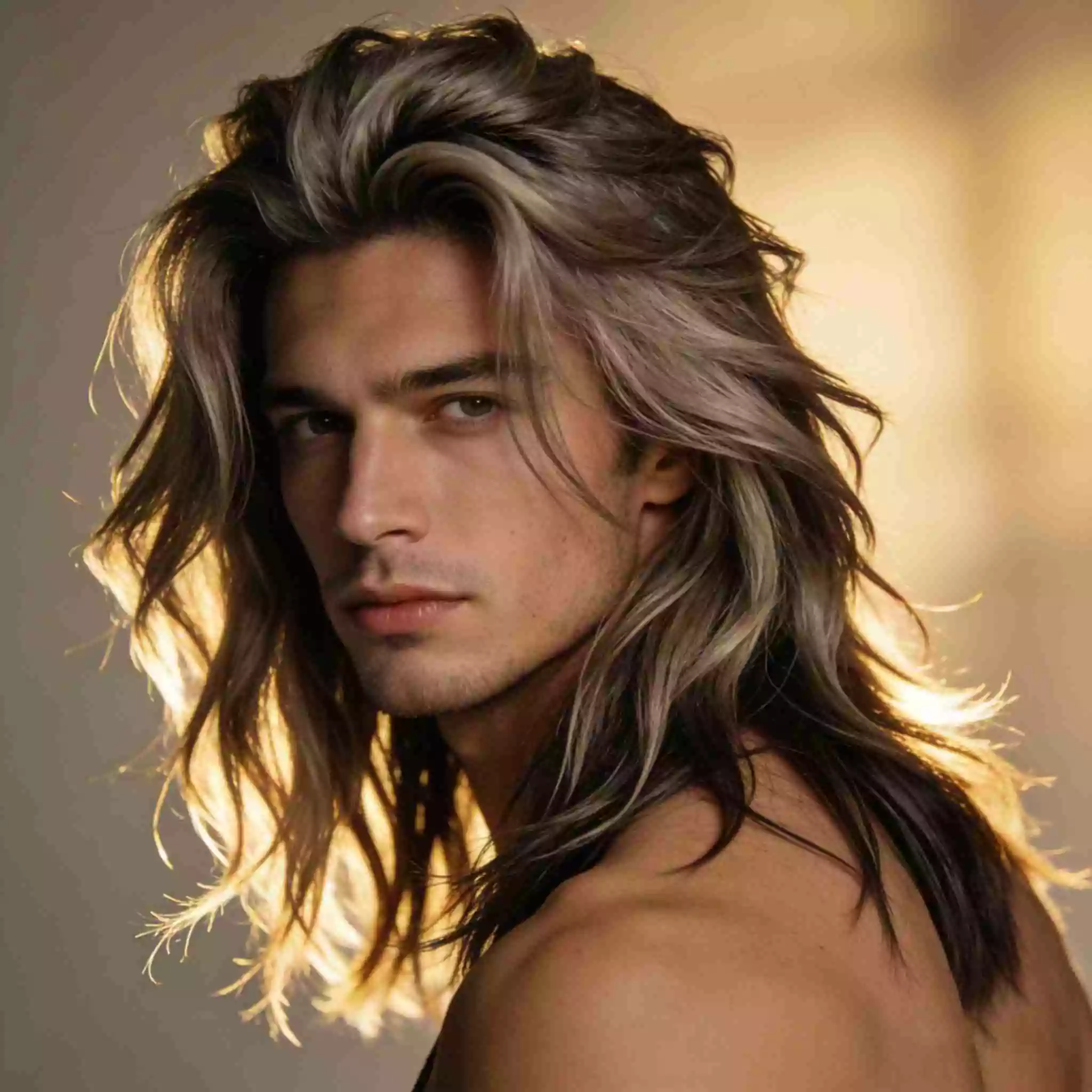Modern shaggy layered long hair for men with soft wolf-inspired layers and tousled ends