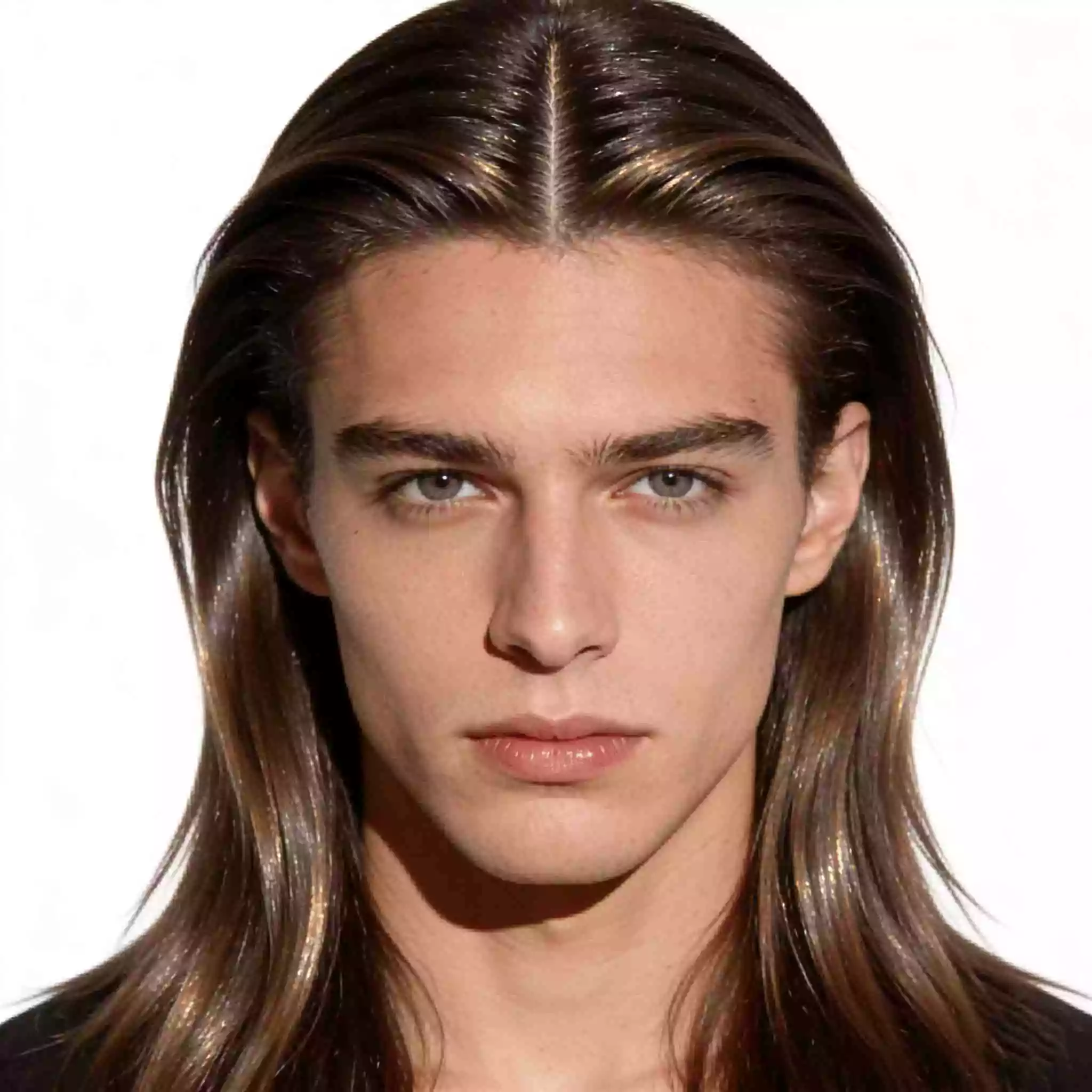Subtle layered straight long hair for men with middle part and smooth, sleek flow
