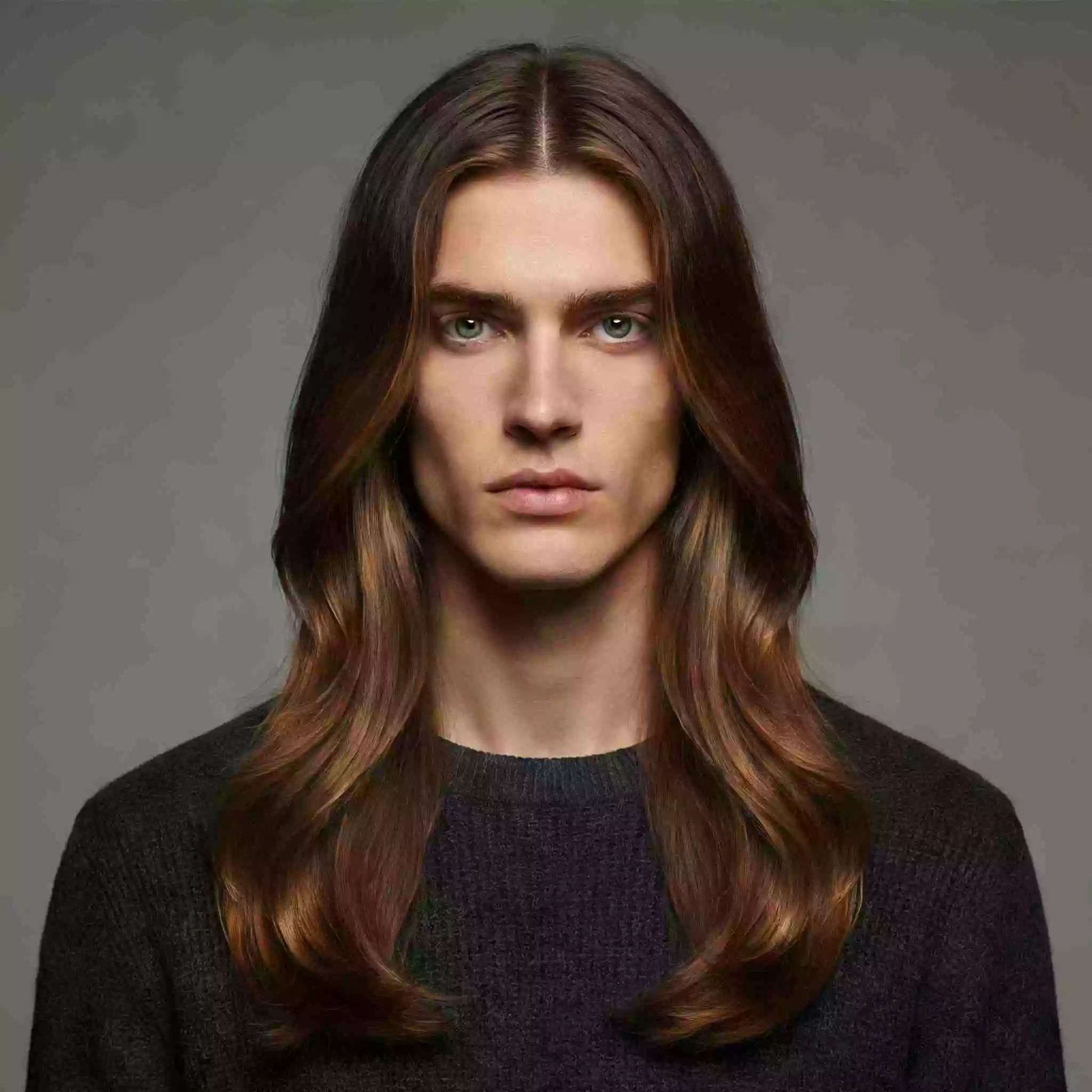 Center part / curtains men long hairstyles 2026—soft face framing, clean outline, natural flow