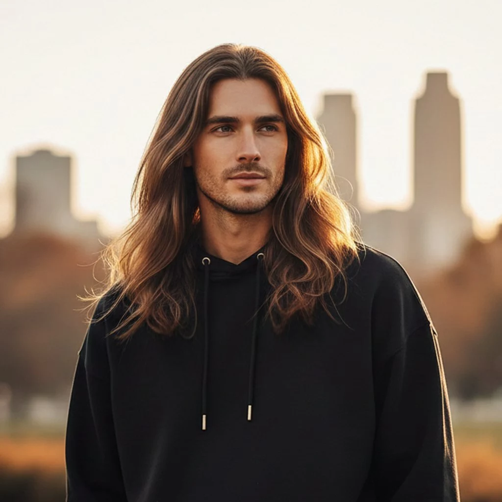 Full-length flow men’s long hair styles 2026—shoulder+ down style, clean perimeter, natural movement, balanced silhouette