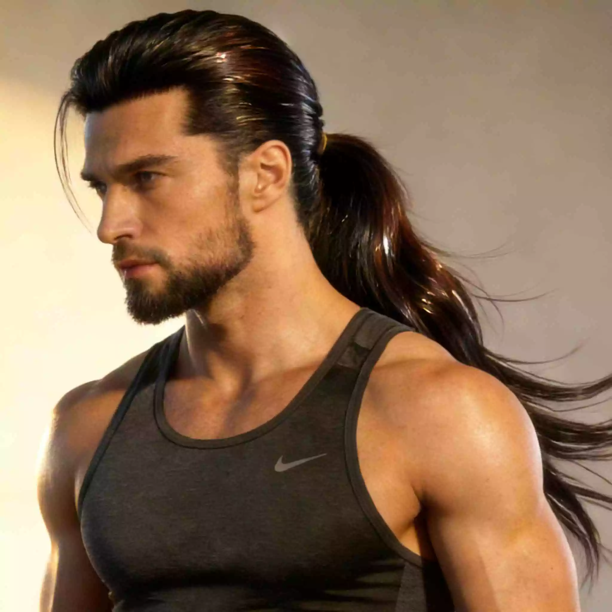 Low pony / man bun men’s long hair styles 2026—clean outline, tidy framing, versatile gym/office