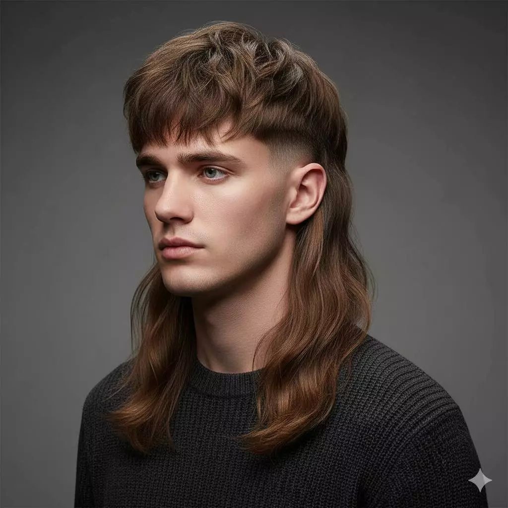 Wolf cut / long mullet men long hairstyles 2026—textured layers, clean perimeter, strong ends