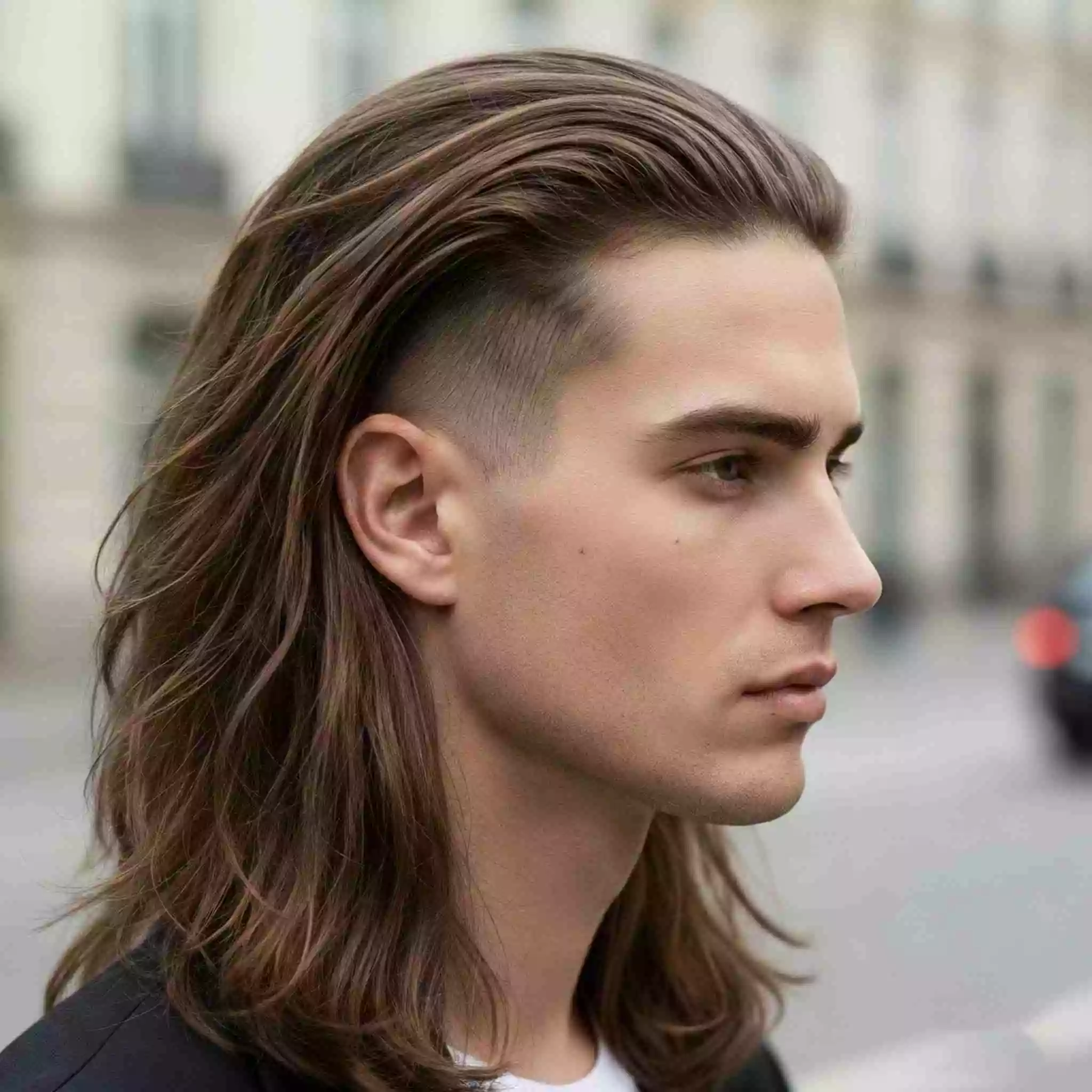 Tapered sides with long hair on top 2026, modern structure, clean ears/neckline, easy control for tie-back