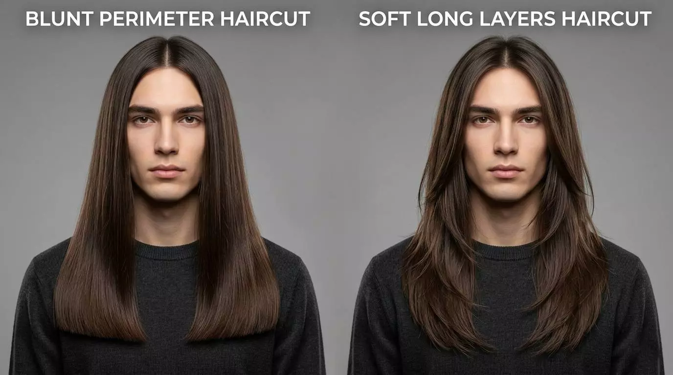 blunt perimeter vs soft long layers for long straight hair men — side by side comparison showing full ends vs light movement
