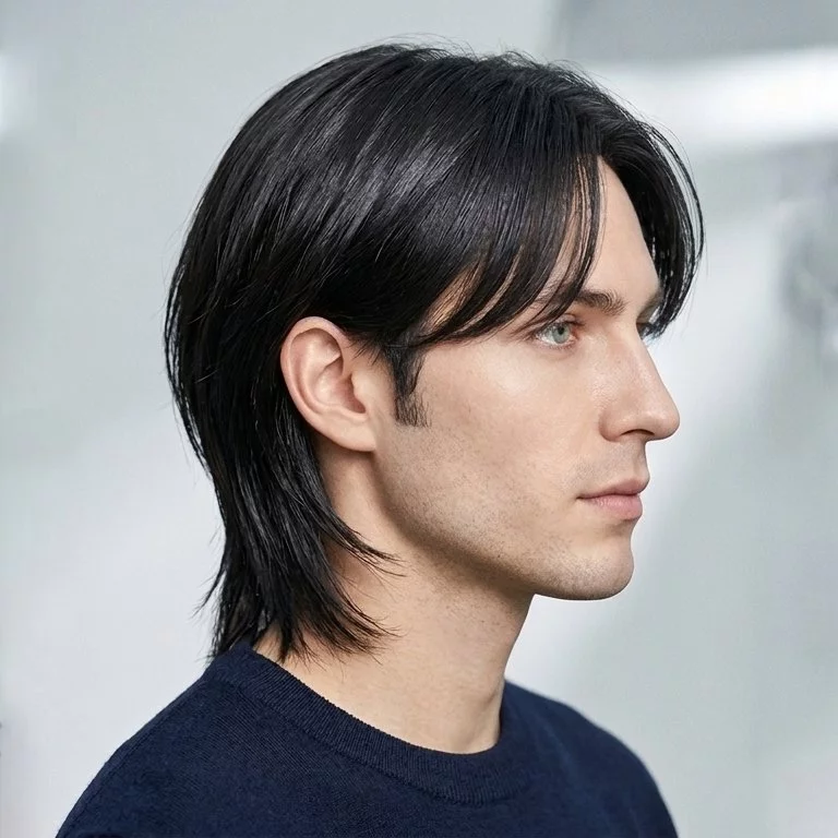 controlled straight wolf — ear-to-shoulder length — subtle texture with clean perimeter