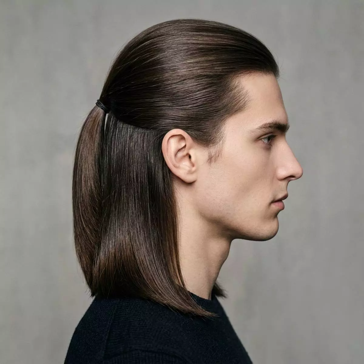 half-up straight — ear-to-shoulder length — low-friction tie back + clean outline